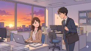 Dialogue japonais au bureau - un collègue dit au revoir à sa senpai en fin de journée - compréhension orale A1
