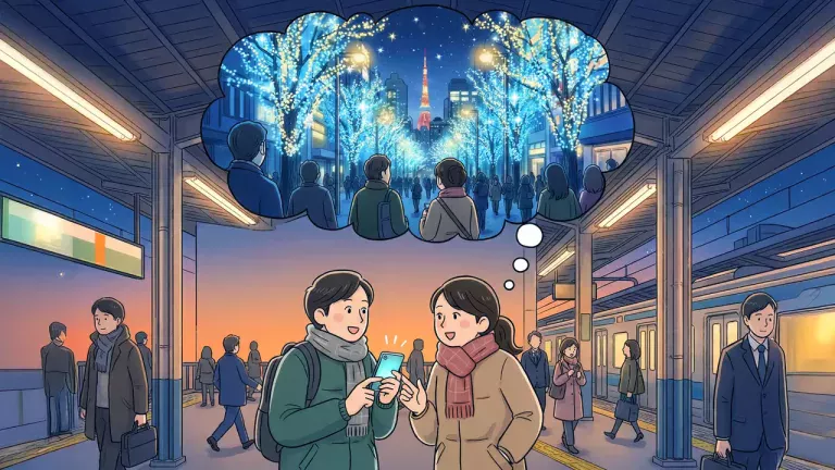 Illustration manga d'un jeune homme et une jeune femme amis à une gare japonaise, planifiant une sortie aux illuminations d'hiver de Tokyo avec la Tokyo Tower en arrière-plan - Miki Cours de Japonais