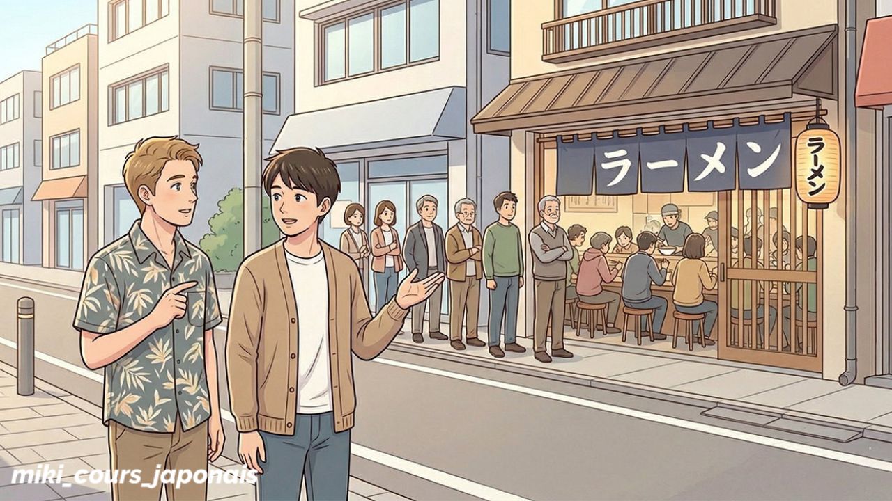Deux amis regardent une file d'attente devant un restaurant de ramen au Japon.