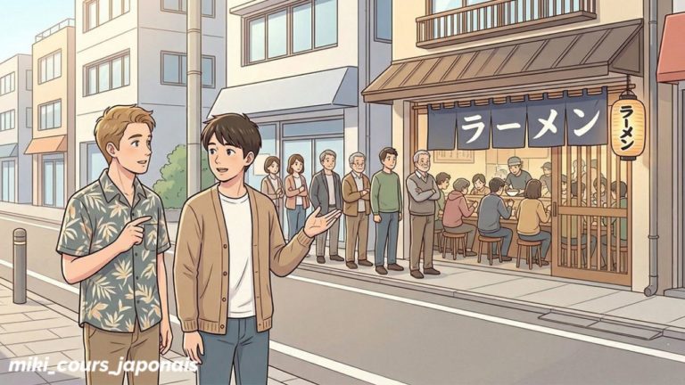 Deux amis regardent une file d'attente devant un restaurant de ramen au Japon.