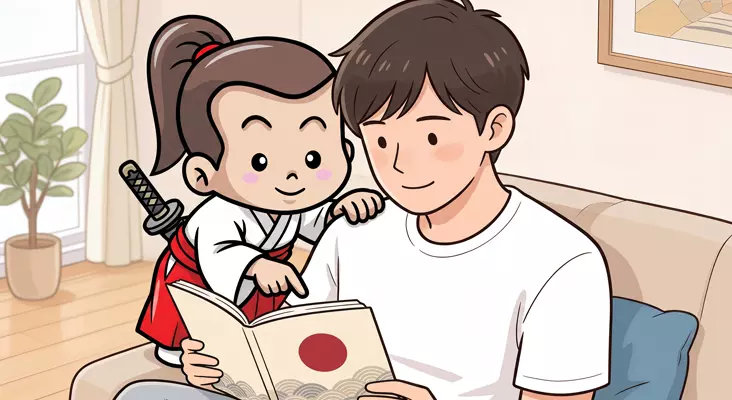 Illustration d'un jeune homme lisant un livre sur le hiragana et le katakana, avec la mascotte samouraï qui pointe du doigt le livre